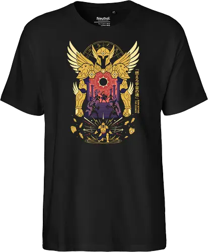 The Golden Lion: Burn Beyond The Cosmos - Gold Saint apparel, Leo armor graphic, cosmic anime streetwear, Greek mythology anime clothing, 80s retro shonen tee, zodiac constellation design, burn your cosmos shirt, aesthetic otaku fashion - Fairtrade T-Shirt
