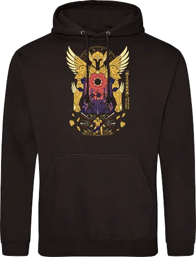 The Golden Lion: Burn Beyond The Cosmos - Gold Saint apparel, Leo armor graphic, cosmic anime streetwear, Greek mythology anime clothing, 80s retro shonen tee, zodiac constellation design, burn your cosmos shirt, aesthetic otaku fashion - Standard Hoodie