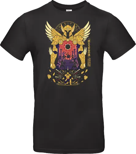 The Golden Lion: Burn Beyond The Cosmos - Gold Saint apparel, Leo armor graphic, cosmic anime streetwear, Greek mythology anime clothing, 80s retro shonen tee, zodiac constellation design, burn your cosmos shirt, aesthetic otaku fashion - Standard T-Shirt