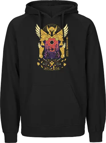 The Golden Lion: Burn Beyond The Cosmos - Gold Saint apparel, Leo armor graphic, cosmic anime streetwear, Greek mythology anime clothing, 80s retro shonen tee, zodiac constellation design, burn your cosmos shirt, aesthetic otaku fashion - Fairtrade Hoodie