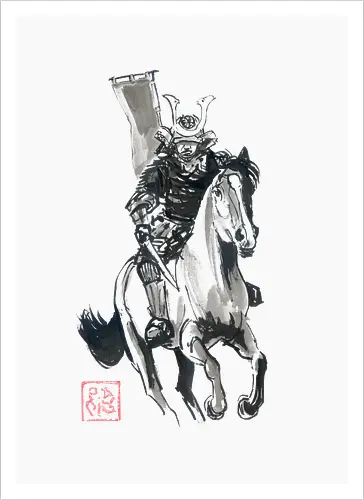 riding samurai flag - samurai, sumie, japan, horse - Artprint