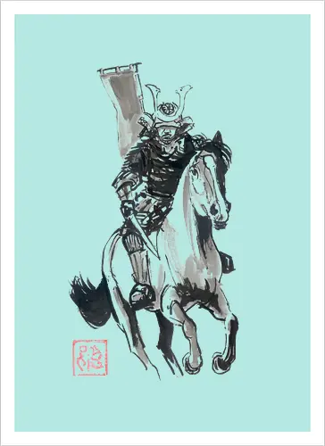 riding samurai flag - samurai, sumie, japan, horse - Artprint