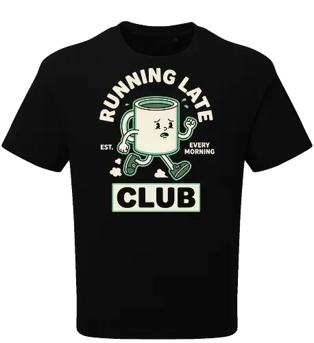 Running Late Club: The Tired Coffee Mug - running late club shirt, funny coffee graphic tee, retro rubber hose cartoon, vintage mascot apparel, pastel green aesthetic clothing, relatable morning humor shirt, tired coffee mug design, quirky streetwear fashion, caffeine lover merch, everyday struggle graphic - Oversize T-Shirt
