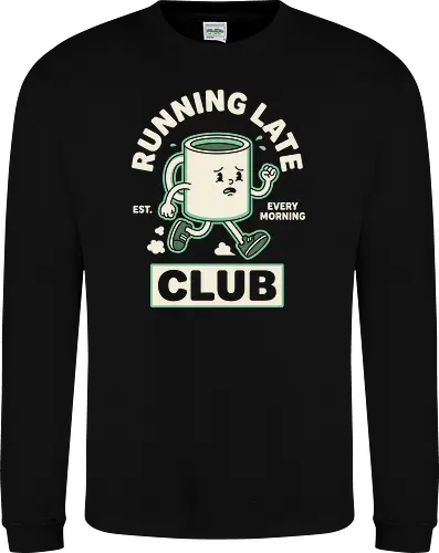 Running Late Club: The Tired Coffee Mug - running late club shirt, funny coffee graphic tee, retro rubber hose cartoon, vintage mascot apparel, pastel green aesthetic clothing, relatable morning humor shirt, tired coffee mug design, quirky streetwear fashion, caffeine lover merch, everyday struggle graphic - Sweatshirt