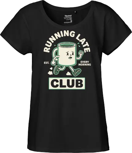 Running Late Club: The Tired Coffee Mug - running late club shirt, funny coffee graphic tee, retro rubber hose cartoon, vintage mascot apparel, pastel green aesthetic clothing, relatable morning humor shirt, tired coffee mug design, quirky streetwear fashion, caffeine lover merch, everyday struggle graphic - Fairtrade Girl Shirt