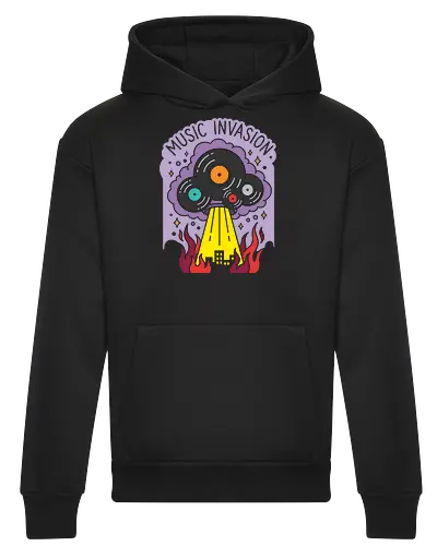Music Invasion: The Vinyl Saucer - music invasion shirt, vinyl record graphic tee, UFO alien apparel, retro music streetwear, DJ clothing, sci fi pop art, alien abduction design, vintage record collector merch, quirky indie fashion, burning city music graphic - Heavyweight Hoodie