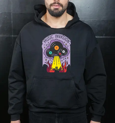 Music Invasion: The Vinyl Saucer - music invasion shirt, vinyl record graphic tee, UFO alien apparel, retro music streetwear, DJ clothing, sci fi pop art, alien abduction design, vintage record collector merch, quirky indie fashion, burning city music graphic - Cropped Hoodie
