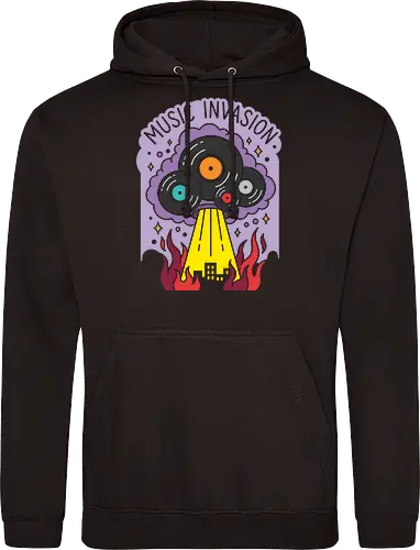 Music Invasion: The Vinyl Saucer - music invasion shirt, vinyl record graphic tee, UFO alien apparel, retro music streetwear, DJ clothing, sci fi pop art, alien abduction design, vintage record collector merch, quirky indie fashion, burning city music graphic - Standard Hoodie