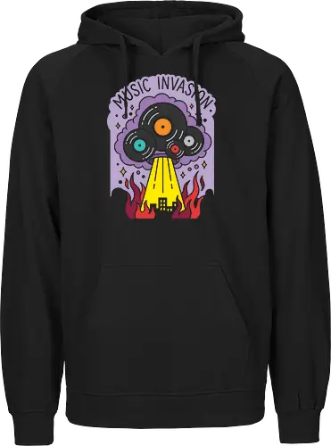 Music Invasion: The Vinyl Saucer - music invasion shirt, vinyl record graphic tee, UFO alien apparel, retro music streetwear, DJ clothing, sci fi pop art, alien abduction design, vintage record collector merch, quirky indie fashion, burning city music graphic - Fairtrade Hoodie