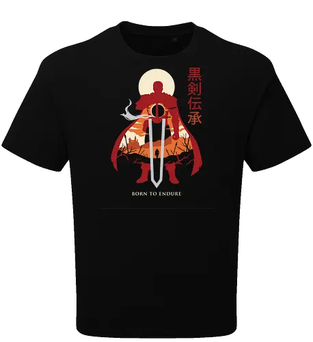 Born to Endure: The Black Swordsman - Berserk shirt, Guts graphic tee, Black Swordsman apparel, dark fantasy anime streetwear, double exposure anime design, edgy manga clothing, Born to Endure quote, epic anime warrior shirt, aesthetic otaku fashion, Japanese text anime merch - Oversize T-Shirt
