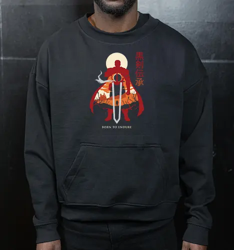 Born to Endure: The Black Swordsman - Berserk shirt, Guts graphic tee, Black Swordsman apparel, dark fantasy anime streetwear, double exposure anime design, edgy manga clothing, Born to Endure quote, epic anime warrior shirt, aesthetic otaku fashion, Japanese text anime merch - Cropped Sweatshirt