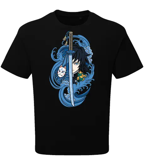 Dead Calm: The Water Hashira - Demon Slayer shirt, Giyu Tomioka merch, Water Hashira graphic tee, anime swordsman apparel, Japanese wave aesthetic clothing, Kitsune mask design, shonen anime streetwear, dark fantasy manga shirt, Kimetsu no Yaiba fashion, cool blue anime tee - Oversize T-Shirt