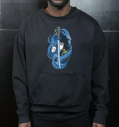 Dead Calm: The Water Hashira - Demon Slayer shirt, Giyu Tomioka merch, Water Hashira graphic tee, anime swordsman apparel, Japanese wave aesthetic clothing, Kitsune mask design, shonen anime streetwear, dark fantasy manga shirt, Kimetsu no Yaiba fashion, cool blue anime tee - Cropped Sweatshirt