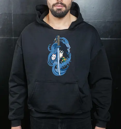 Dead Calm: The Water Hashira - Demon Slayer shirt, Giyu Tomioka merch, Water Hashira graphic tee, anime swordsman apparel, Japanese wave aesthetic clothing, Kitsune mask design, shonen anime streetwear, dark fantasy manga shirt, Kimetsu no Yaiba fashion, cool blue anime tee - Cropped Hoodie