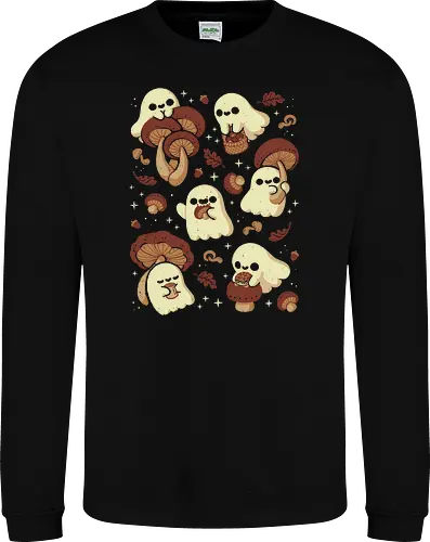 Cute Ghosts with Autumn Mushrooms - cute ghost, mushroom, autumn, fall, fungi, kawaii ghost, cozy, autumn leaves, spooky, rain frog, october, pattern, seamless, xmorfina - Sweatshirt