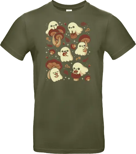 Cute Ghosts with Autumn Mushrooms - cute ghost, mushroom, autumn, fall, fungi, kawaii ghost, cozy, autumn leaves, spooky, rain frog, october, pattern, seamless, xmorfina - Standard T-Shirt