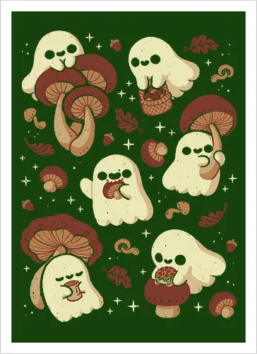 Cute Ghosts with Autumn Mushrooms - cute ghost, mushroom, autumn, fall, fungi, kawaii ghost, cozy, autumn leaves, spooky, rain frog, october, pattern, seamless, xmorfina - Artprint