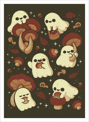 Cute Ghosts with Autumn Mushrooms - cute ghost, mushroom, autumn, fall, fungi, kawaii ghost, cozy, autumn leaves, spooky, rain frog, october, pattern, seamless, xmorfina - Artprint