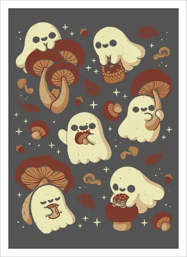 Cute Ghosts with Autumn Mushrooms - cute ghost, mushroom, autumn, fall, fungi, kawaii ghost, cozy, autumn leaves, spooky, rain frog, october, pattern, seamless, xmorfina - Artprint