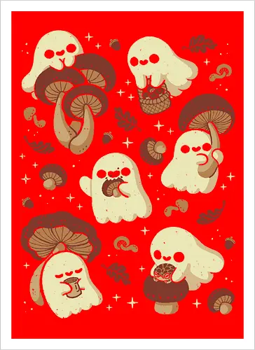 Cute Ghosts with Autumn Mushrooms - cute ghost, mushroom, autumn, fall, fungi, kawaii ghost, cozy, autumn leaves, spooky, rain frog, october, pattern, seamless, xmorfina - Artprint