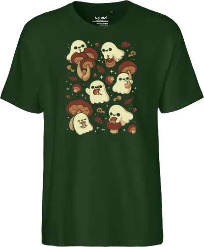 Cute Ghosts with Autumn Mushrooms - cute ghost, mushroom, autumn, fall, fungi, kawaii ghost, cozy, autumn leaves, spooky, rain frog, october, pattern, seamless, xmorfina - Fairtrade T-Shirt