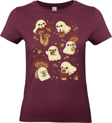 Cute Ghosts with Autumn Mushrooms - cute ghost, mushroom, autumn, fall, fungi, kawaii ghost, cozy, autumn leaves, spooky, rain frog, october, pattern, seamless, xmorfina - Standard T-Shirt (Women)