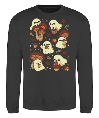 Cute Ghosts with Autumn Mushrooms - cute ghost, mushroom, autumn, fall, fungi, kawaii ghost, cozy, autumn leaves, spooky, rain frog, october, pattern, seamless, xmorfina - Sweatshirt