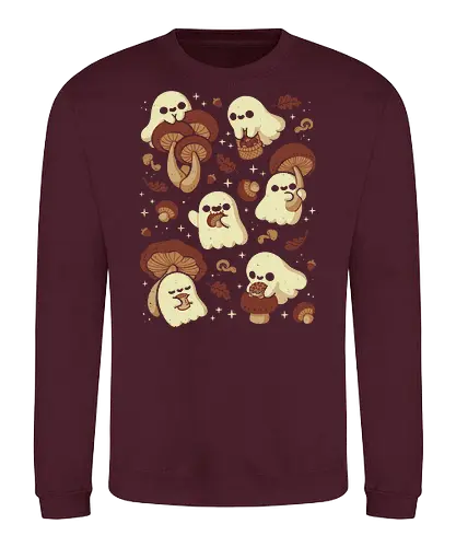 Cute Ghosts with Autumn Mushrooms - cute ghost, mushroom, autumn, fall, fungi, kawaii ghost, cozy, autumn leaves, spooky, rain frog, october, pattern, seamless, xmorfina - Sweatshirt