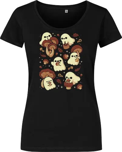 Cute Ghosts with Autumn Mushrooms - cute ghost, mushroom, autumn, fall, fungi, kawaii ghost, cozy, autumn leaves, spooky, rain frog, october, pattern, seamless, xmorfina - Women T-Shirt