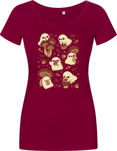 Cute Ghosts with Autumn Mushrooms - cute ghost, mushroom, autumn, fall, fungi, kawaii ghost, cozy, autumn leaves, spooky, rain frog, october, pattern, seamless, xmorfina - Women T-Shirt