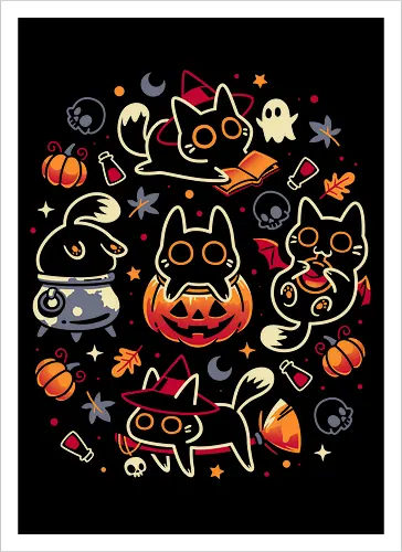 Halloween Kitten Party - black cats, halloween, spooky cute, kitten, magical, witchy, witchcraft, pumpkin, skulls, spooky season, ghost, autumn vibes, kawaii, cat lover, vampire - Artprint