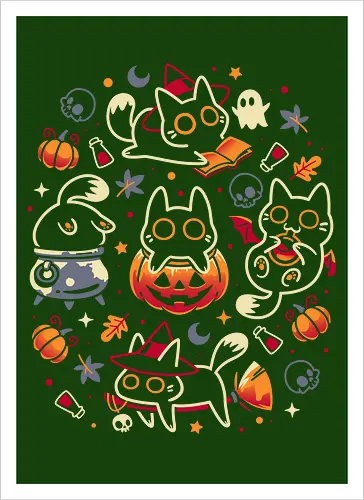 Halloween Kitten Party - black cats, halloween, spooky cute, kitten, magical, witchy, witchcraft, pumpkin, skulls, spooky season, ghost, autumn vibes, kawaii, cat lover, vampire - Artprint