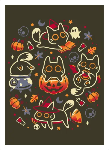 Halloween Kitten Party - black cats, halloween, spooky cute, kitten, magical, witchy, witchcraft, pumpkin, skulls, spooky season, ghost, autumn vibes, kawaii, cat lover, vampire - Artprint
