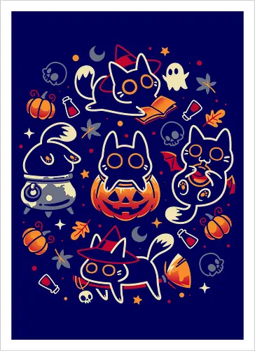 Halloween Kitten Party - black cats, halloween, spooky cute, kitten, magical, witchy, witchcraft, pumpkin, skulls, spooky season, ghost, autumn vibes, kawaii, cat lover, vampire - Artprint