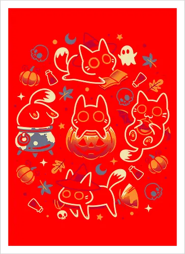 Halloween Kitten Party - black cats, halloween, spooky cute, kitten, magical, witchy, witchcraft, pumpkin, skulls, spooky season, ghost, autumn vibes, kawaii, cat lover, vampire - Artprint