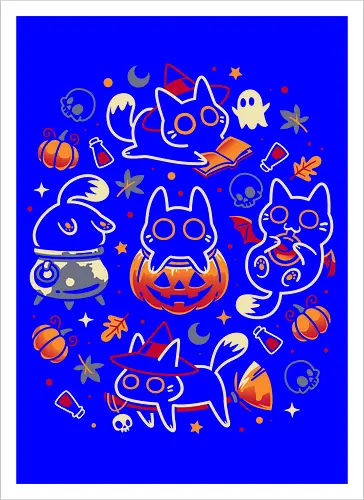 Halloween Kitten Party - black cats, halloween, spooky cute, kitten, magical, witchy, witchcraft, pumpkin, skulls, spooky season, ghost, autumn vibes, kawaii, cat lover, vampire - Artprint