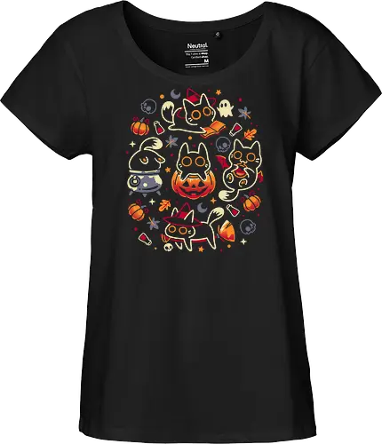 Halloween Kitten Party - black cats, halloween, spooky cute, kitten, magical, witchy, witchcraft, pumpkin, skulls, spooky season, ghost, autumn vibes, kawaii, cat lover, vampire - Fairtrade Girl Shirt