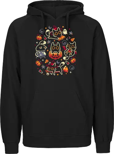 Halloween Kitten Party - black cats, halloween, spooky cute, kitten, magical, witchy, witchcraft, pumpkin, skulls, spooky season, ghost, autumn vibes, kawaii, cat lover, vampire - Fairtrade Hoodie