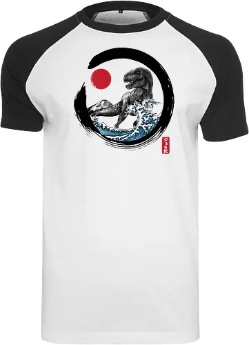 Enso R-Rex - japan, japanese art, sumi e, t- rex, great wave off kanagawa, animals, nature, dinosaurs, action movies, jurassic - Raglan T-Shirt