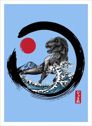 Enso R-Rex - japan, japanese art, sumi e, t- rex, great wave off kanagawa, animals, nature, dinosaurs, action movies, jurassic - Artprint