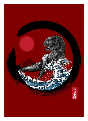 Enso R-Rex - japan, japanese art, sumi e, t- rex, great wave off kanagawa, animals, nature, dinosaurs, action movies, jurassic - Artprint