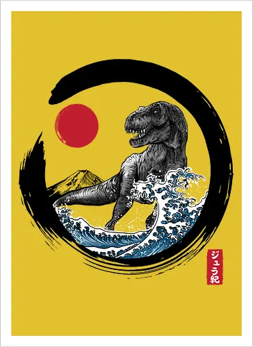 Enso R-Rex - japan, japanese art, sumi e, t- rex, great wave off kanagawa, animals, nature, dinosaurs, action movies, jurassic - Artprint