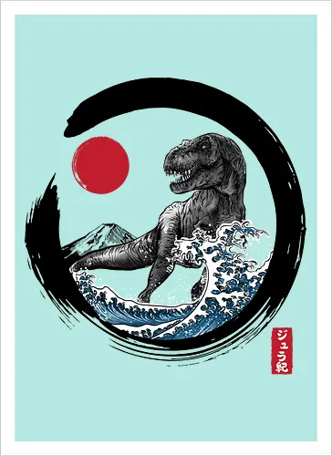 Enso R-Rex - japan, japanese art, sumi e, t- rex, great wave off kanagawa, animals, nature, dinosaurs, action movies, jurassic - Artprint