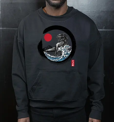 Enso R-Rex - japan, japanese art, sumi e, t- rex, great wave off kanagawa, animals, nature, dinosaurs, action movies, jurassic - Cropped Sweatshirt