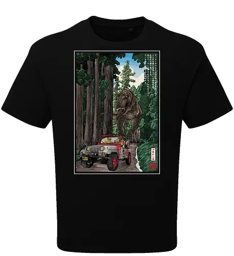 T- Rex chase woodblock - japan, japanese art, sumi e, t- rex, great wave off kanagawa, animals, nature, dinosaurs, action movies, jurassic - Oversize T-Shirt