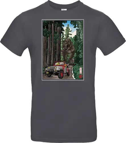 T- Rex chase woodblock - japan, japanese art, sumi e, t- rex, great wave off kanagawa, animals, nature, dinosaurs, action movies, jurassic - Standard T-Shirt