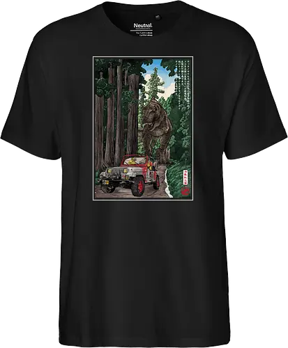 T- Rex chase woodblock - japan, japanese art, sumi e, t- rex, great wave off kanagawa, animals, nature, dinosaurs, action movies, jurassic - Fairtrade T-Shirt