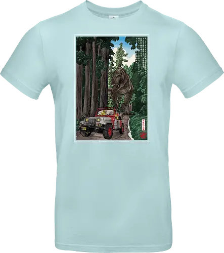 T- Rex chase woodblock - japan, japanese art, sumi e, t- rex, great wave off kanagawa, animals, nature, dinosaurs, action movies, jurassic - Standard T-Shirt