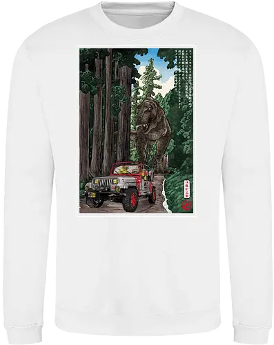 T- Rex chase woodblock - japan, japanese art, sumi e, t- rex, great wave off kanagawa, animals, nature, dinosaurs, action movies, jurassic - Sweatshirt