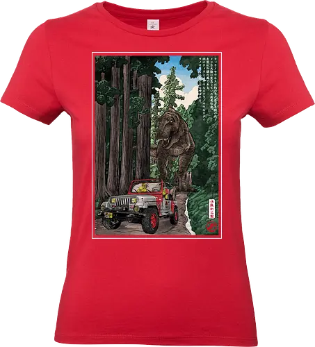 T- Rex chase woodblock - japan, japanese art, sumi e, t- rex, great wave off kanagawa, animals, nature, dinosaurs, action movies, jurassic - Standard T-Shirt (Women)